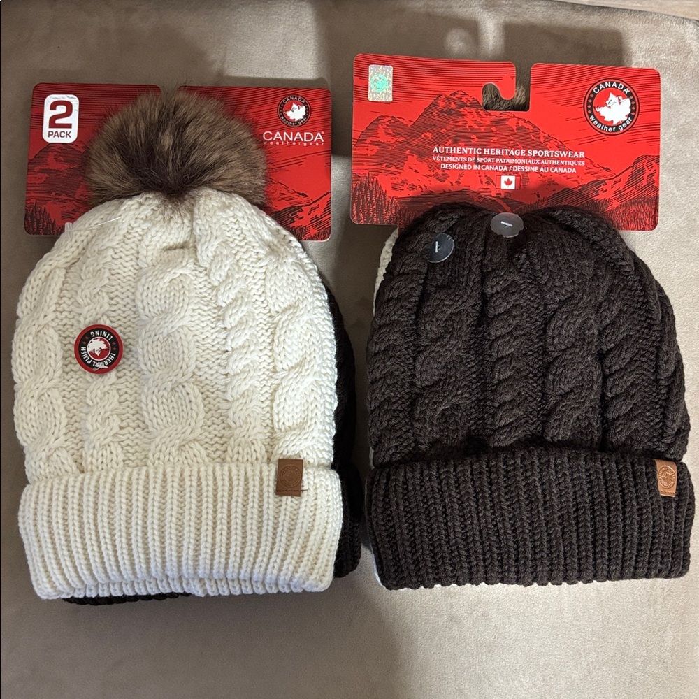 2Pack Thermal Plush Lining Cable Knit Beanie Hat Canada weather Gear-Off white